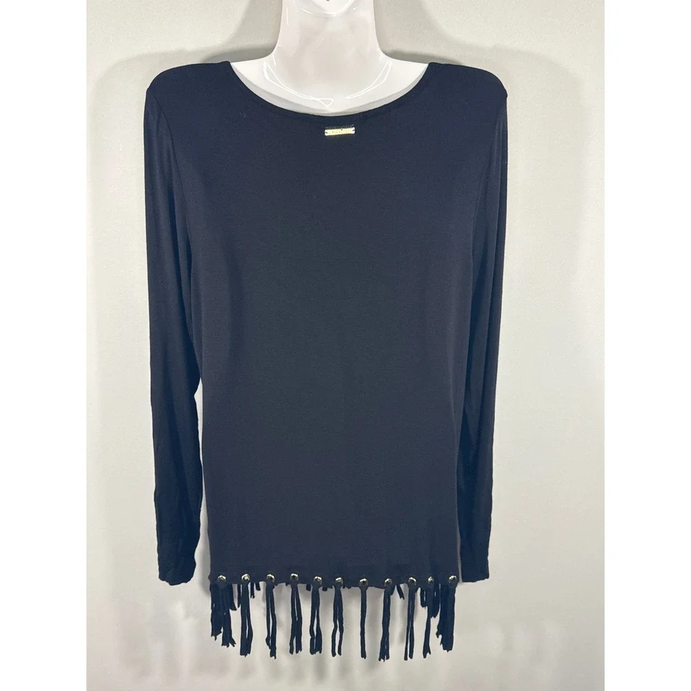 Michael Kors‎ Womens Black Fringe Grommet Long Sleeve Top Scoop Neck Small